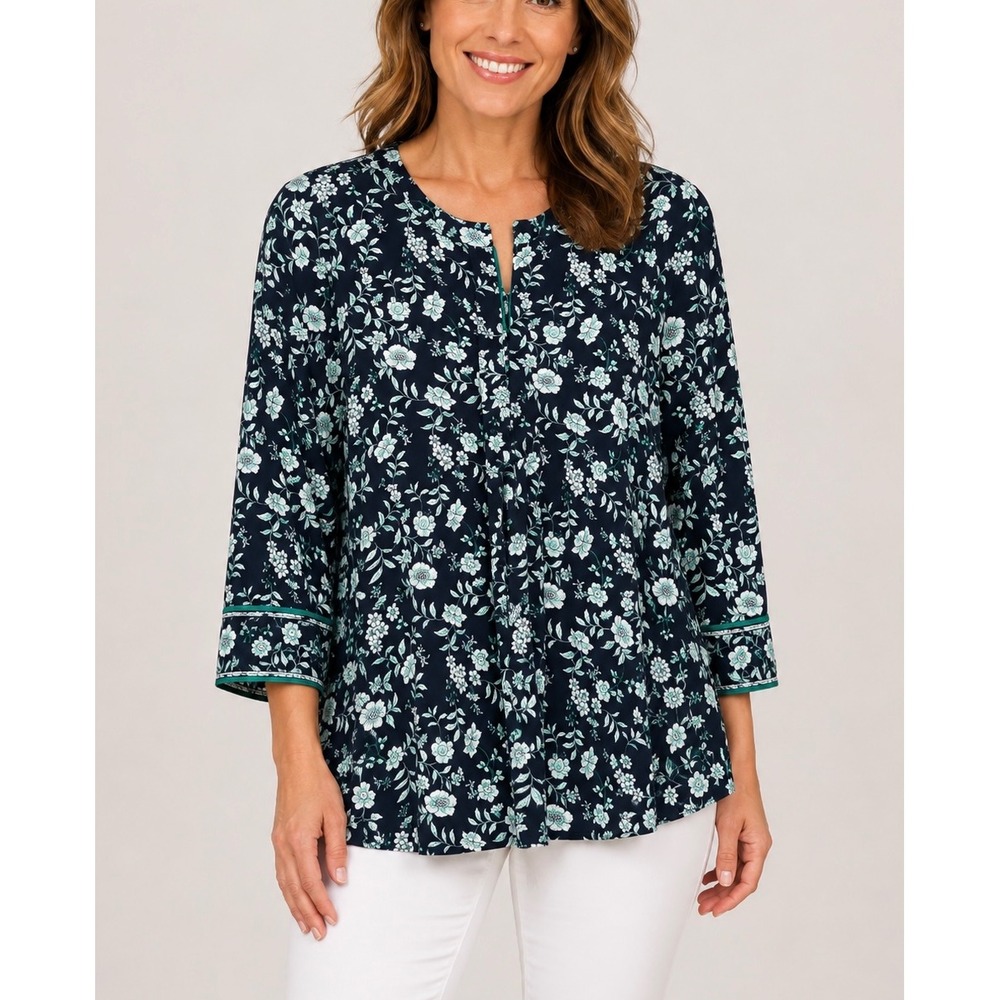 J. Jill Wearever Tunic Top Women Small Blue Ditsy Floral Henley Casual Botanical